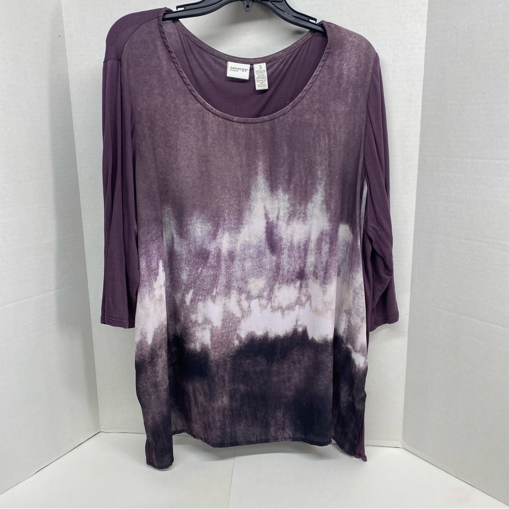 Chicos Zenergy Silky Purple White Abstract Print Size 3=Large 3/4Sleeve Pullover